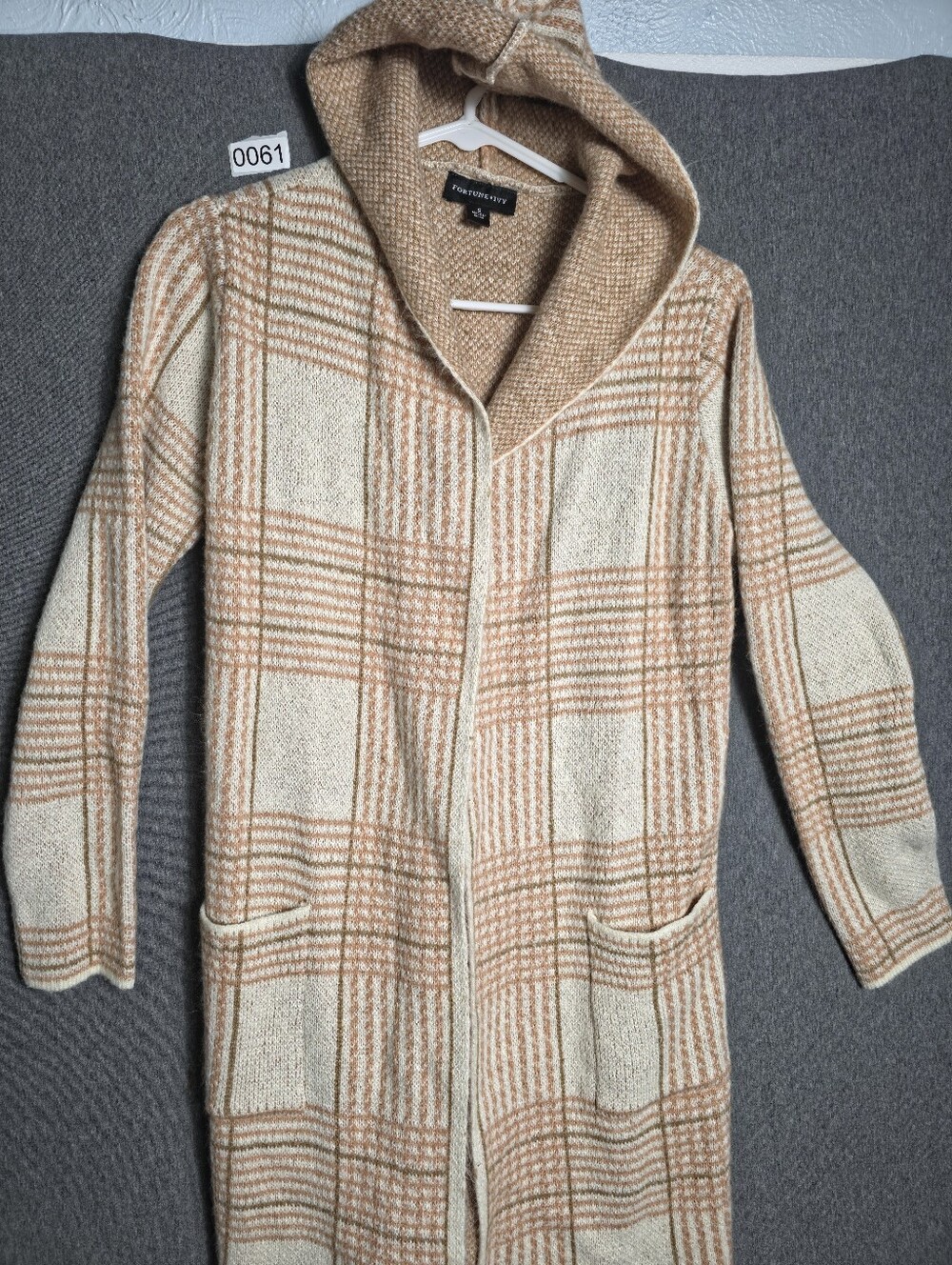 Fortune & Ivy Hooded Long Plaid Open Cardigan in Cream & Tan. Fall. University.